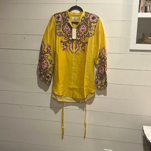 Floral yellow button up 6r waist tie up